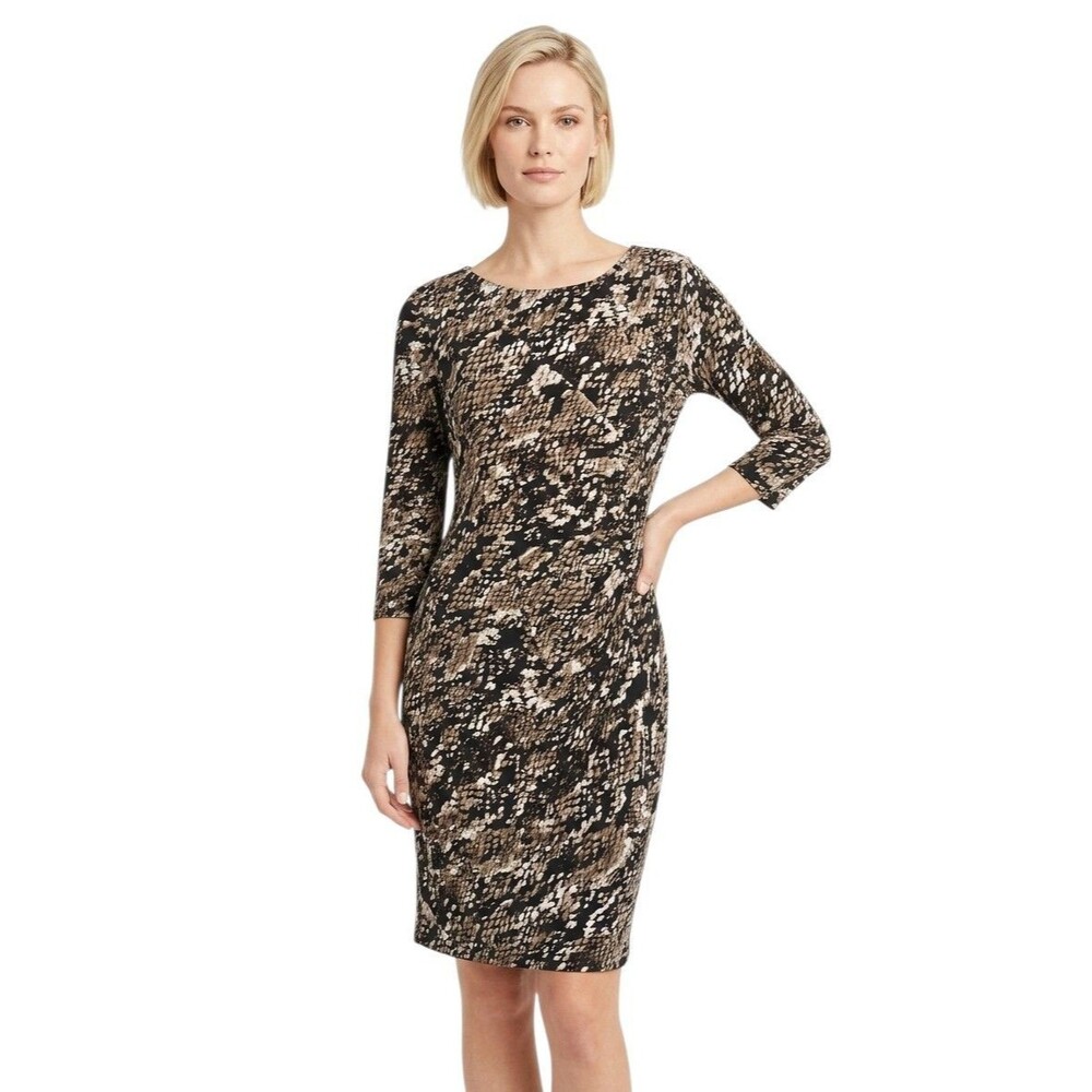 Dana Buchman Womens Dress L Brown Beige Animal Print Ruched Sheath 3/4 Sleeve
